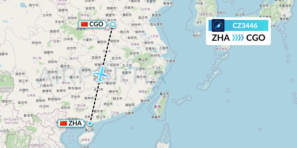 CZ3446 China Southern Airlines Flight Map: Zhanjiang to Zhengzhou