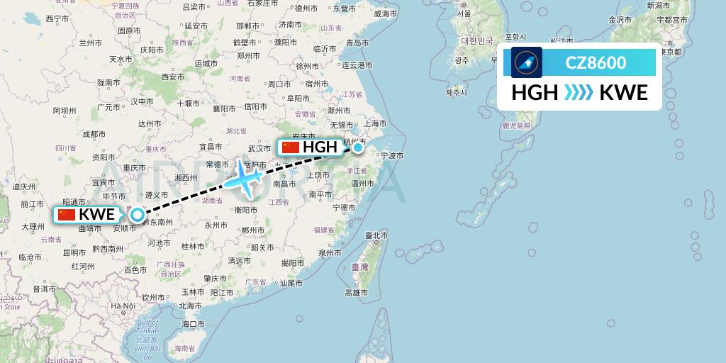 CZ8600 China Southern Airlines Flight Map: Hangzhou to Guiyang