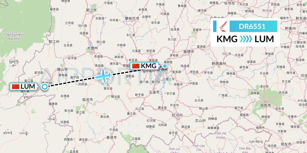 DR6551 Ruili Airlines Flight Map: Kunming to Mangshi