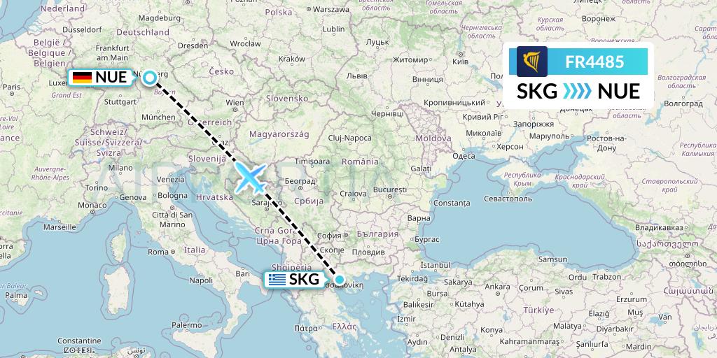 FR4485 Ryanair Flight Map: Thessaloniki to Nurnberg