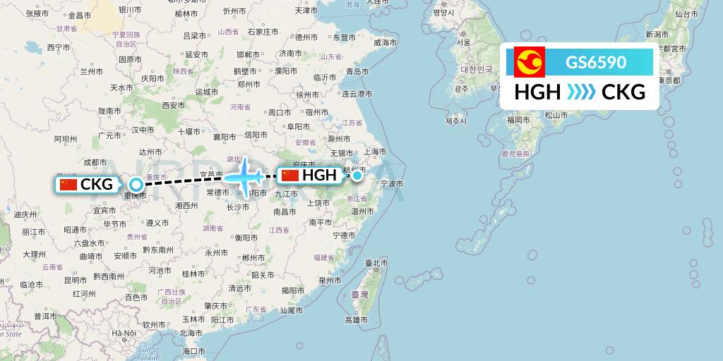 GS6590 Tianjin Airlines Flight Map: Hangzhou to Chongqing