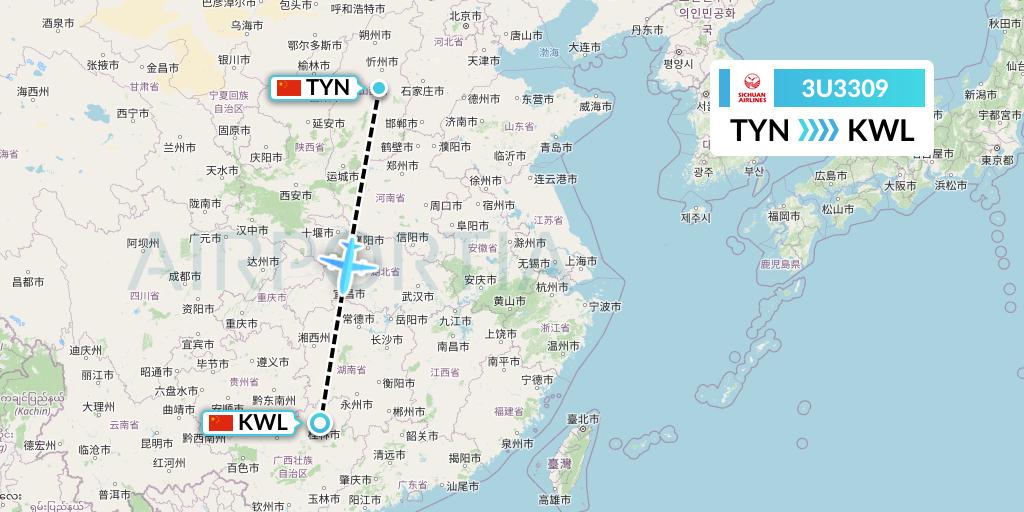 3U3309 Sichuan Airlines Flight Map: Taiyuan to Guilin
