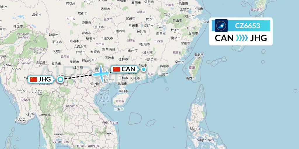 CZ6653 China Southern Airlines Flight Map: Guangzhou to Jinghong