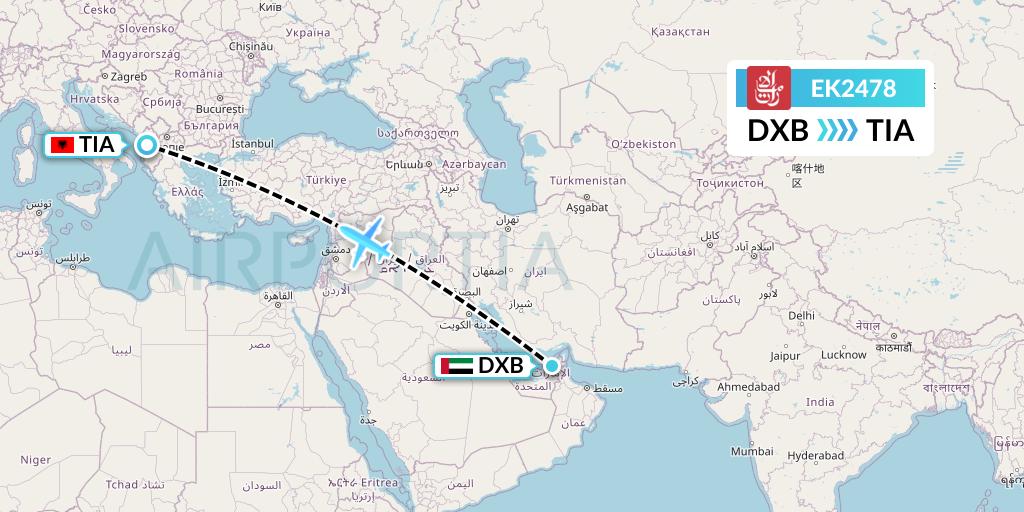 EK2478 Emirates Flight Map: Dubai to Tirana