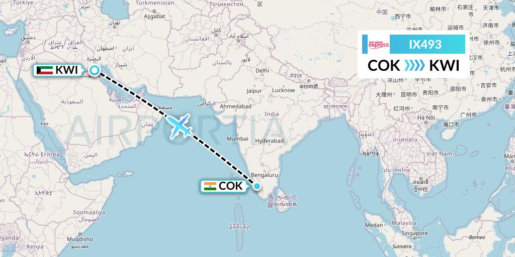 IX493 Air India Express Flight Map: Cochin to Kuwait City