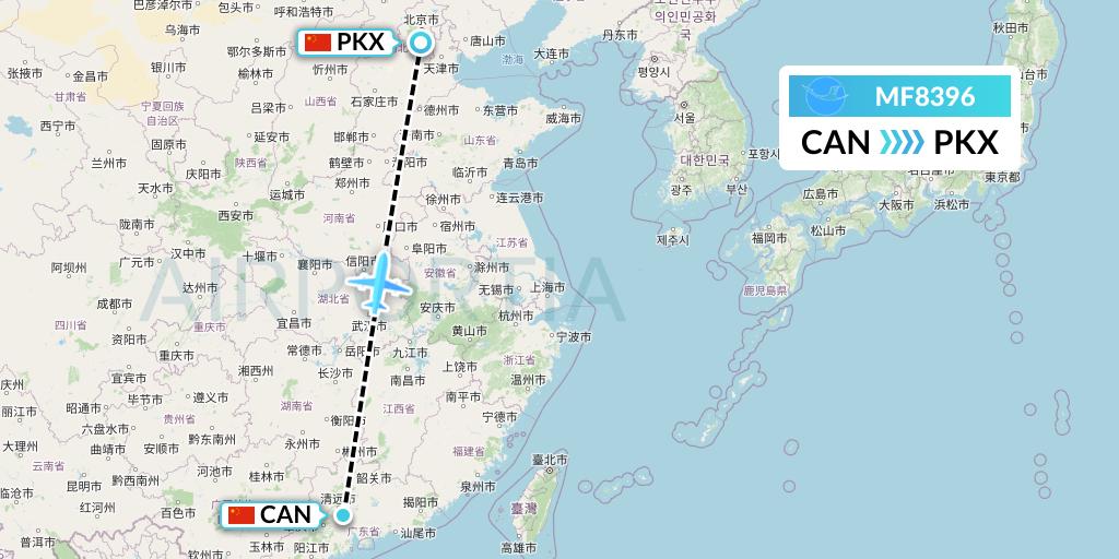 MF8396 Xiamen Airlines Flight Map: Guangzhou to Beijing