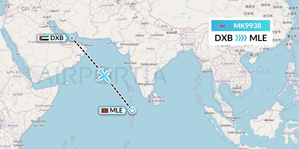 MK9938 Air Mauritius Flight Map: Dubai to Male