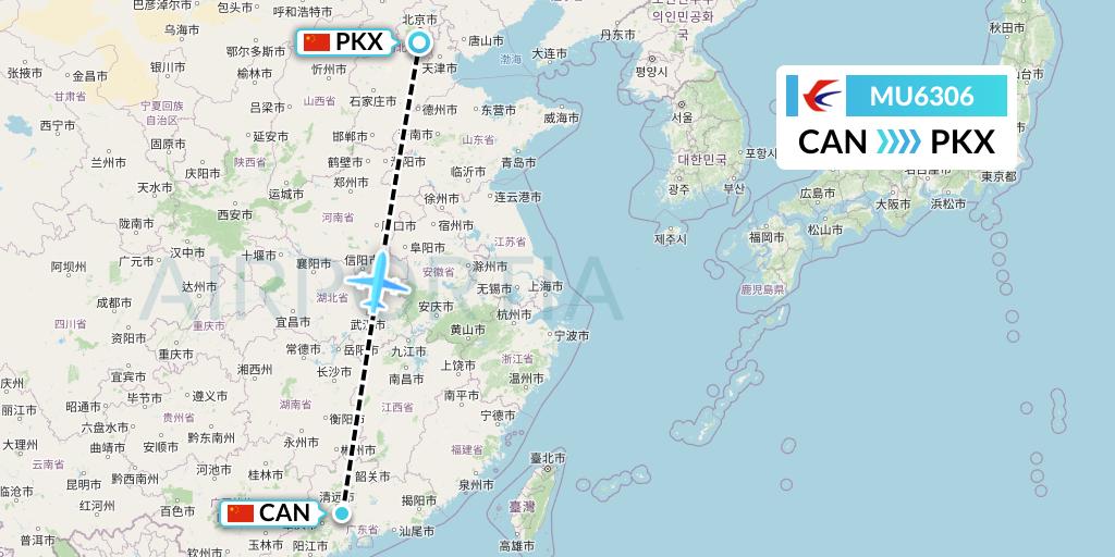 MU6306 China Eastern Airlines Flight Map: Guangzhou to Beijing