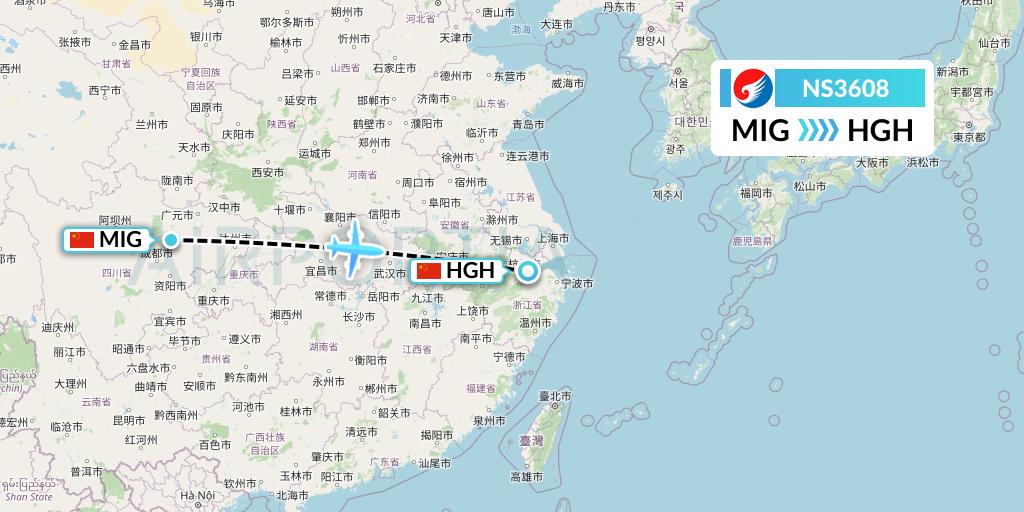 NS3608 Hebei Airlines Flight Map: Mianyang to Hangzhou