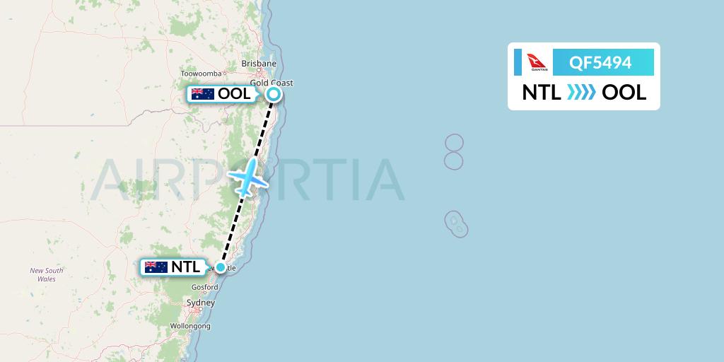 QF5494 Qantas Flight Map: Newcastle to Gold Coast