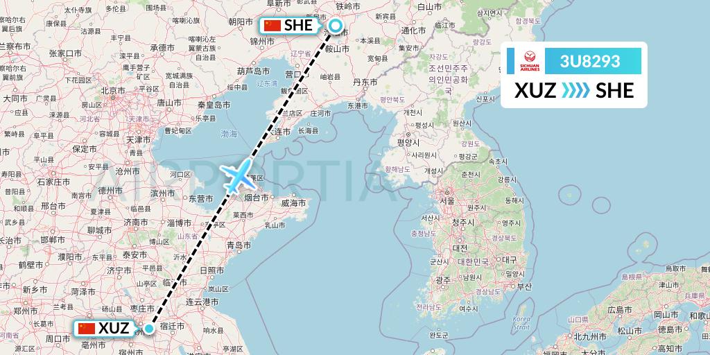 3U8293 Sichuan Airlines Flight Map: Xuzhou to Shenyang