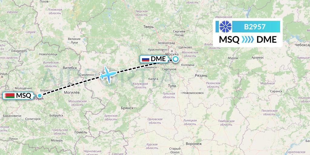 B2957 Belavia Flight Map: Minsk to Moscow