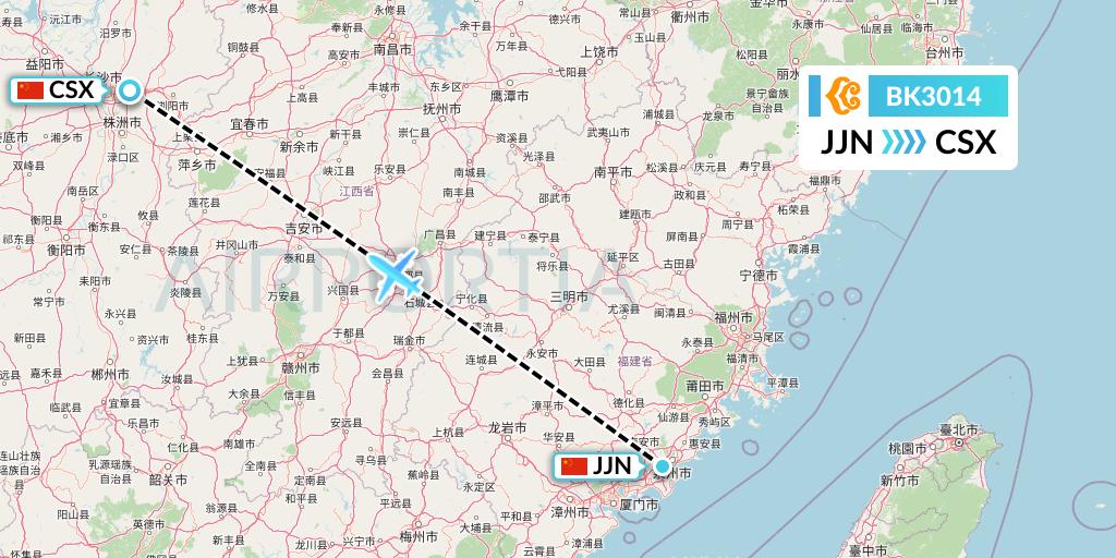 BK3014 Okay Airways Flight Map: Jinjiang to Changsha