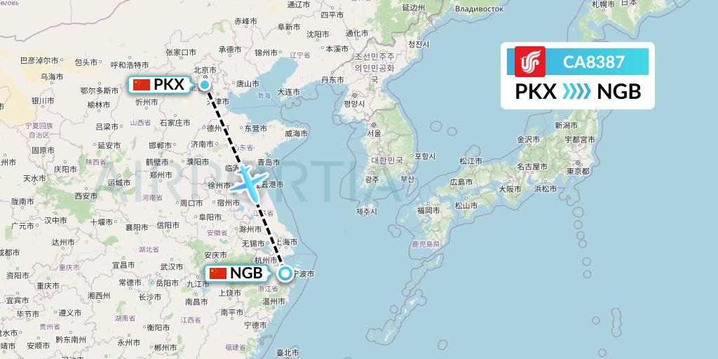 CA8387 Air China Flight Map: Beijing to Ningbo