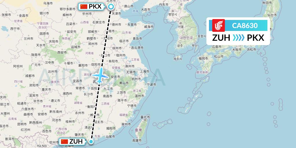 CA8630 Air China Flight Map: Zhuhai to Beijing