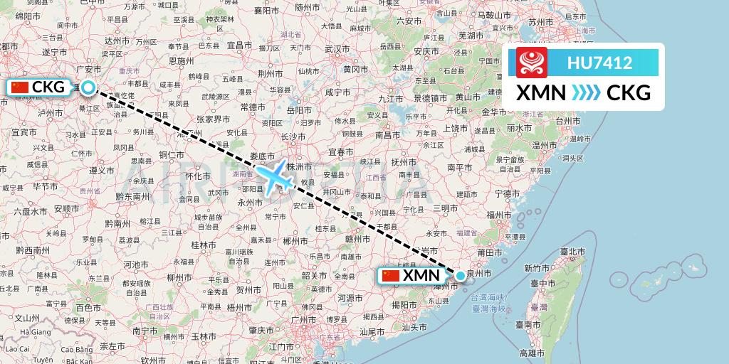 HU7412 Hainan Airlines Flight Map: Xiamen to Chongqing
