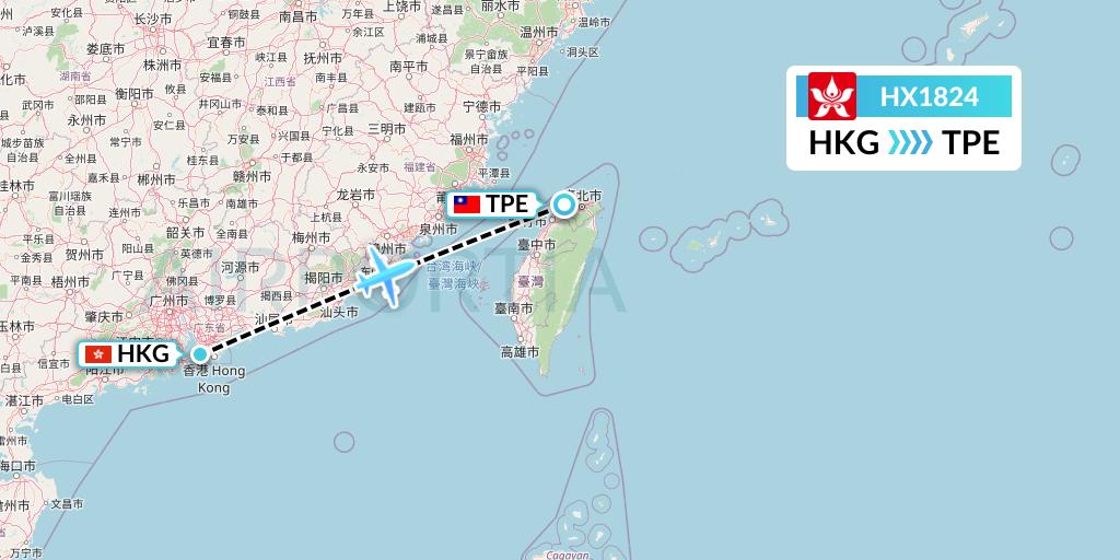 HX1824 Hong Kong Airlines Flight Map: Hong Kong to Taipei
