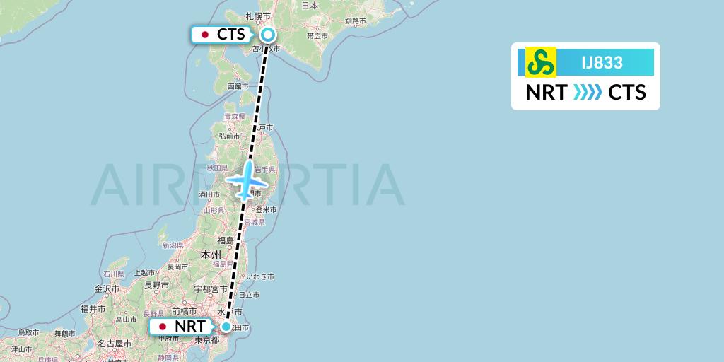 IJ833 Spring Airlines Japan Flight Map: Tokyo to Sapporo