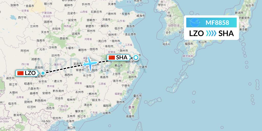 MF8858 Xiamen Airlines Flight Map: Luzhou to Shanghai