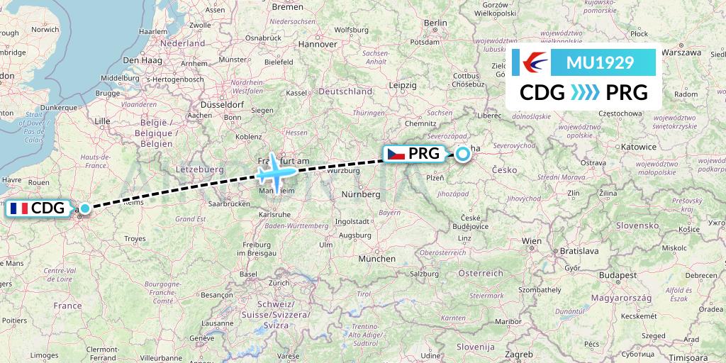 MU1929 China Eastern Airlines Flight Map: Paris to Prague