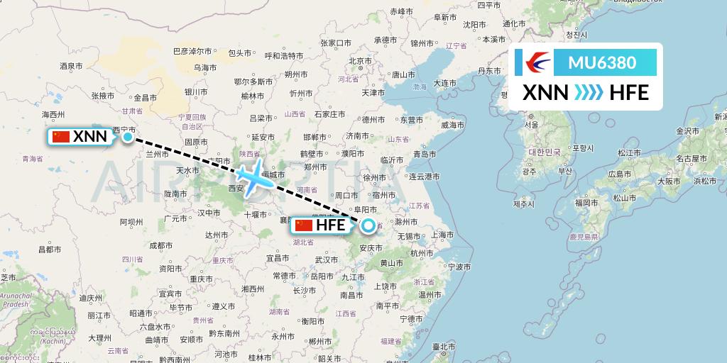 MU6380 China Eastern Airlines Flight Map: Xining to Hefei