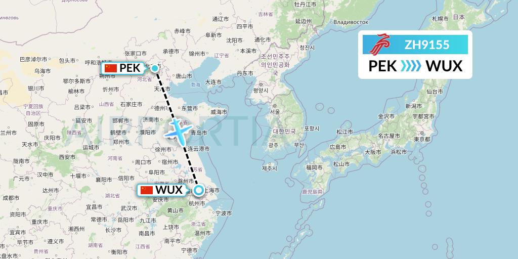 ZH9155 Shenzhen Airlines Flight Map: Beijing to Wuxi