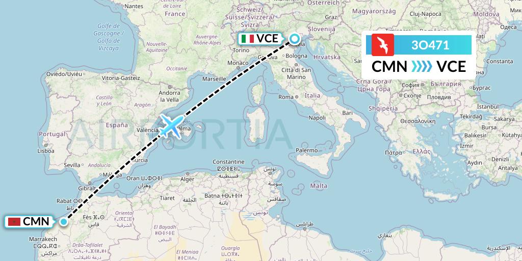 3O471 Air Arabia Maroc Flight Map: Casablanca to Venice