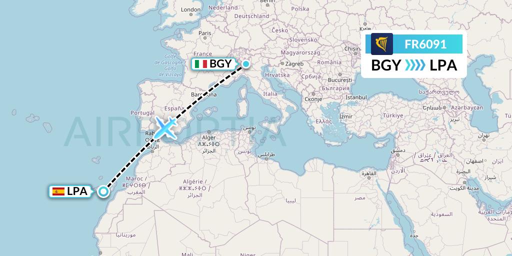 FR6091 Ryanair Flight Map: Milan to Las Palmas