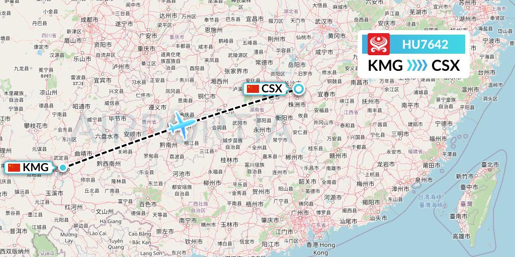 HU7642 Hainan Airlines Flight Map: Kunming to Changsha