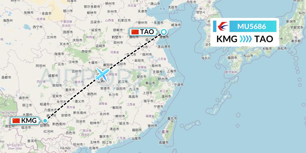 MU5686 China Eastern Airlines Flight Map: Kunming to Qingdao