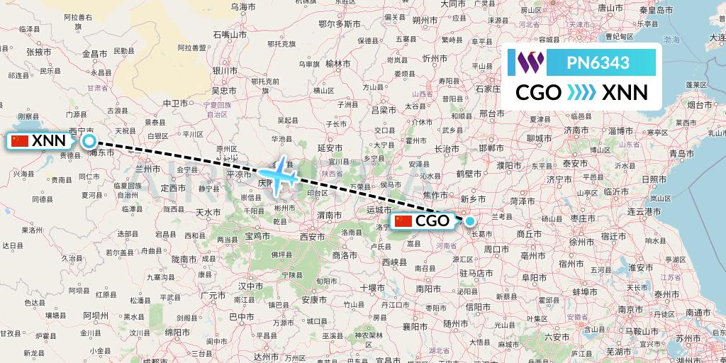 PN6343 China West Air Flight Map: Zhengzhou to Xining