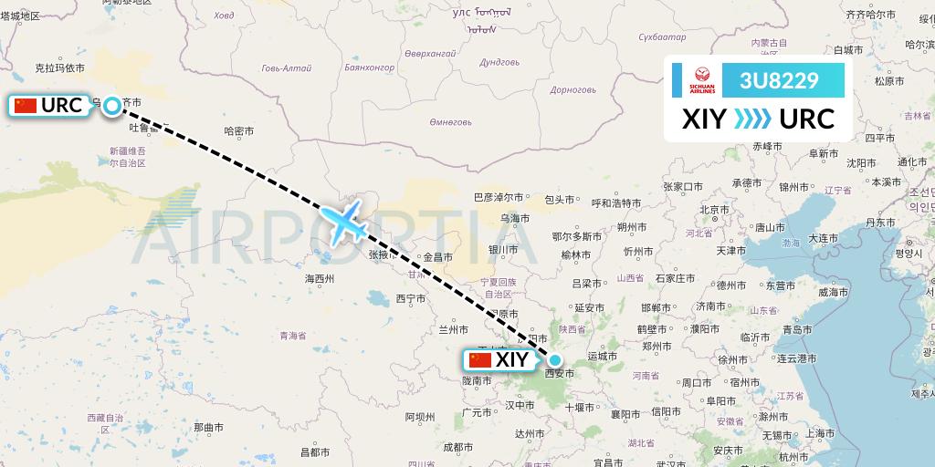 3U8229 Sichuan Airlines Flight Map: Xi'an to Urumqi