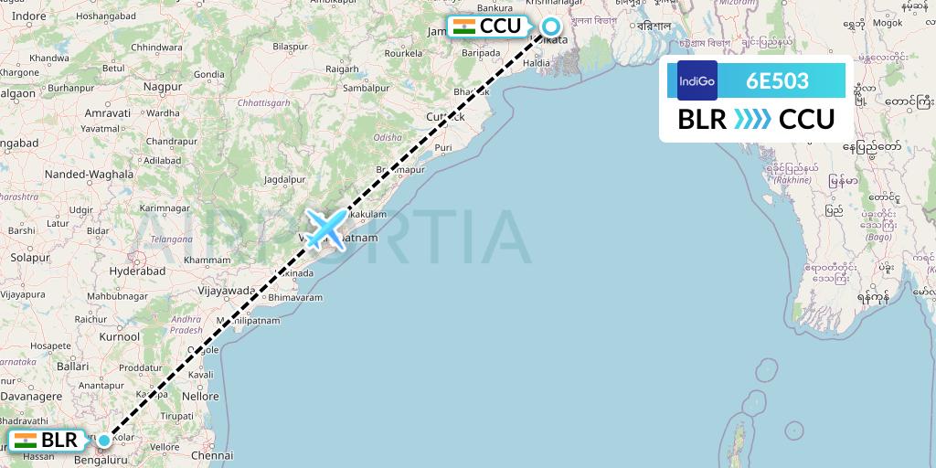 6E503 IndiGo Airlines Flight Map: Bangalore to Kolkata