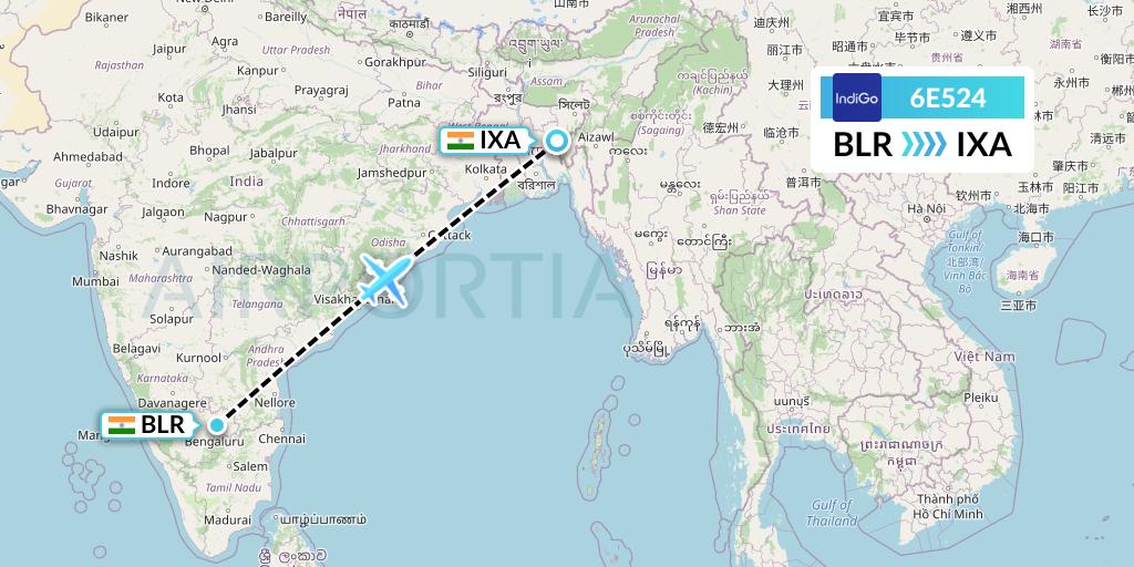 6E524 IndiGo Airlines Flight Map: Bangalore to Agartala