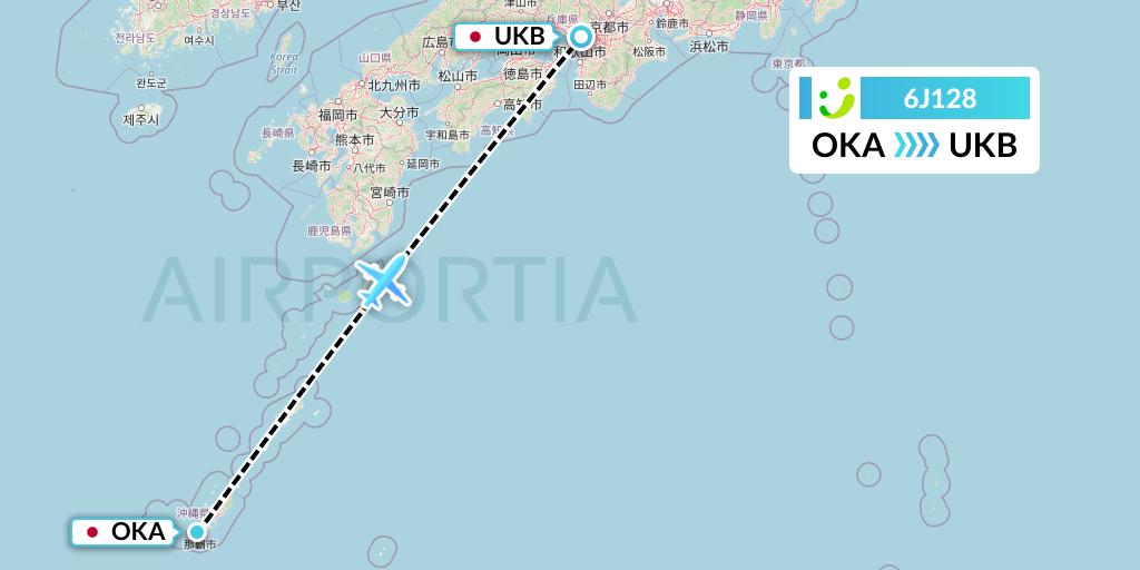 6J128 Solaseed Air Flight Map: Naha to Kobe