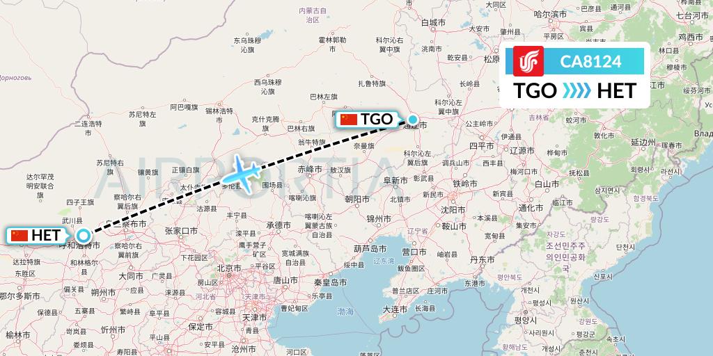 CA8124 Air China Flight Map: Tongliao to Hohhot