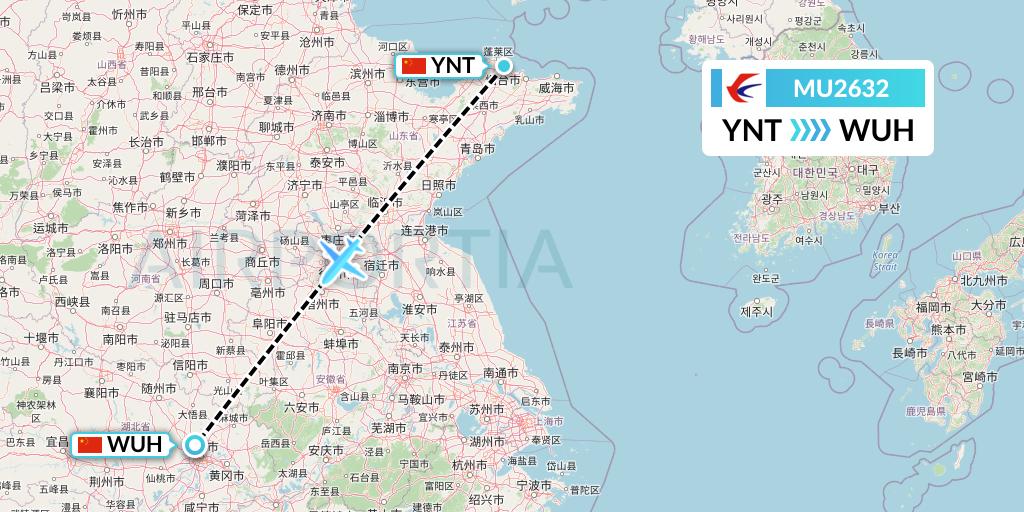 MU2632 China Eastern Airlines Flight Map: Yantai to Wuhan