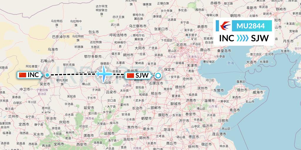 MU2844 China Eastern Airlines Flight Map: Yinchuan to Shijiazhuang