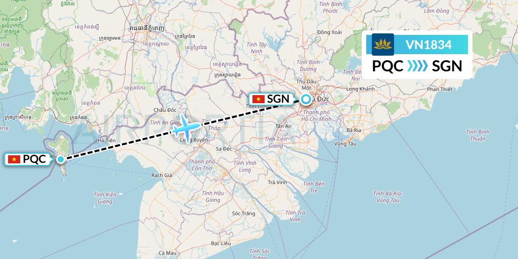 VN1834 Vietnam Airlines Flight Map: Phu Quoc to Ho Chi Minh City