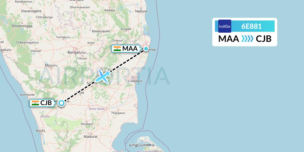 6E881 IndiGo Airlines Flight Map: Chennai to Coimbatore