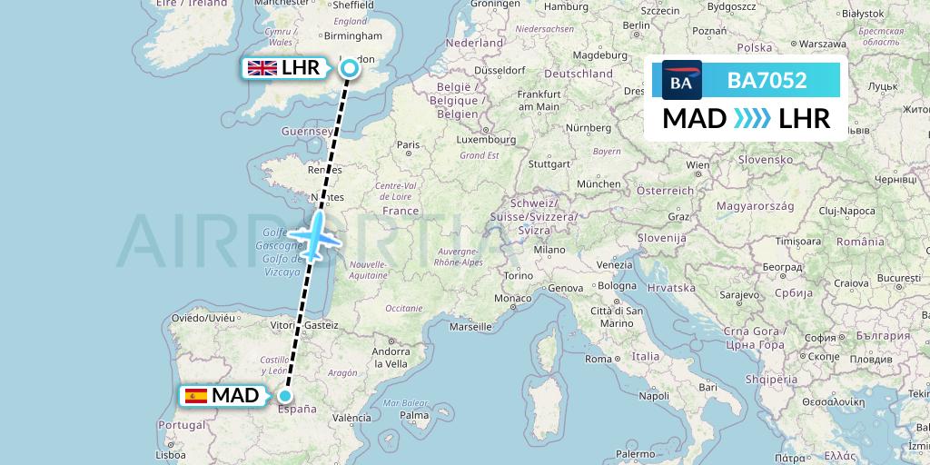 BA7052 British Airways Flight Map: Madrid to London