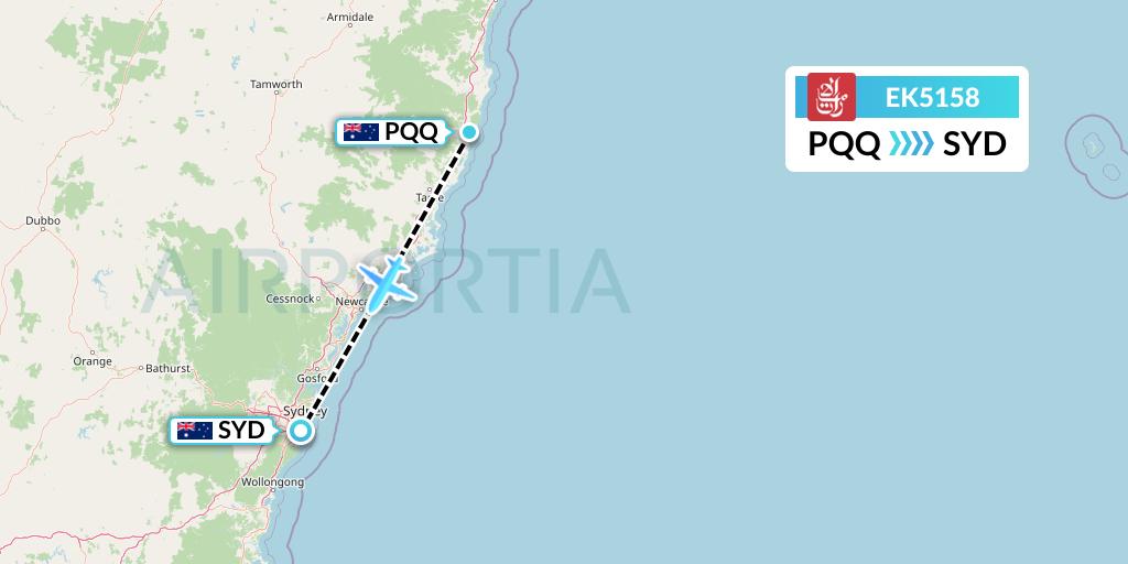EK5158 Emirates Flight Map: Port Macquarie to Sydney