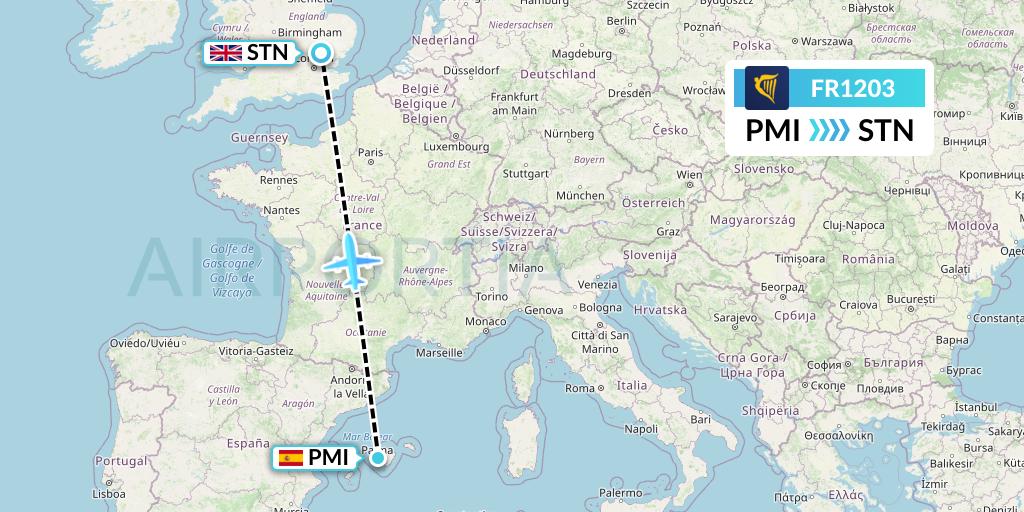 FR1203 Ryanair Flight Map: Palma de Mallorca to London