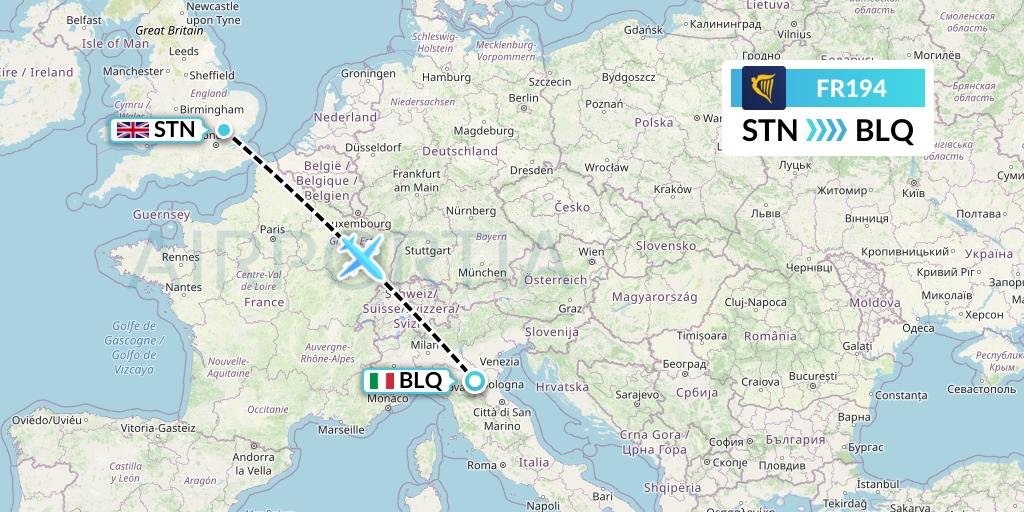 FR194 Ryanair Flight Map: London to Bologna