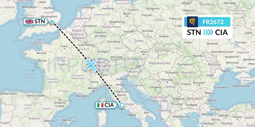 FR2672 Ryanair Flight Map: London to Rome