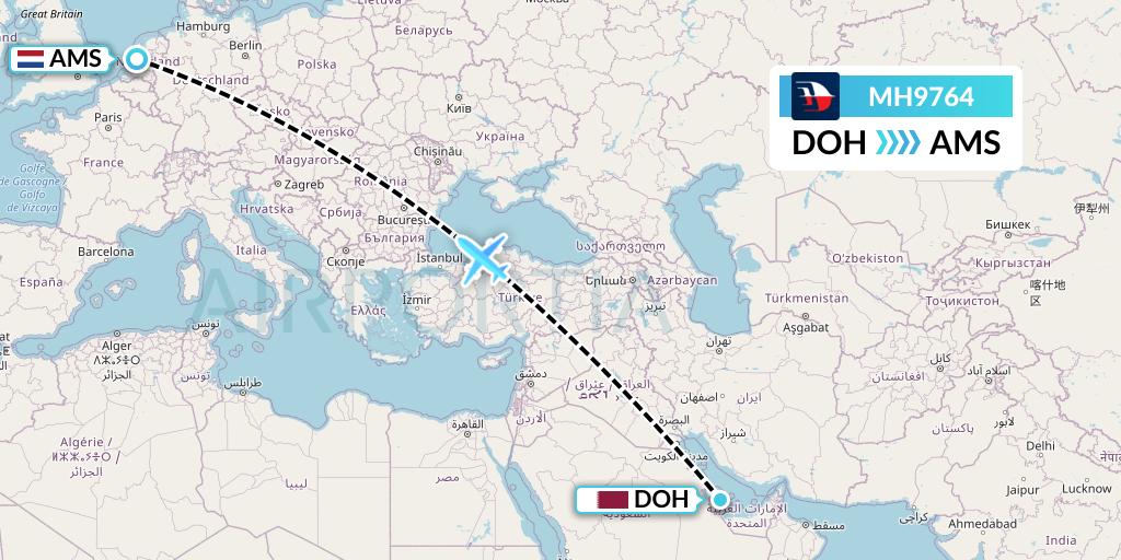 MH9764 Malaysia Airlines Flight Map: Doha to Amsterdam
