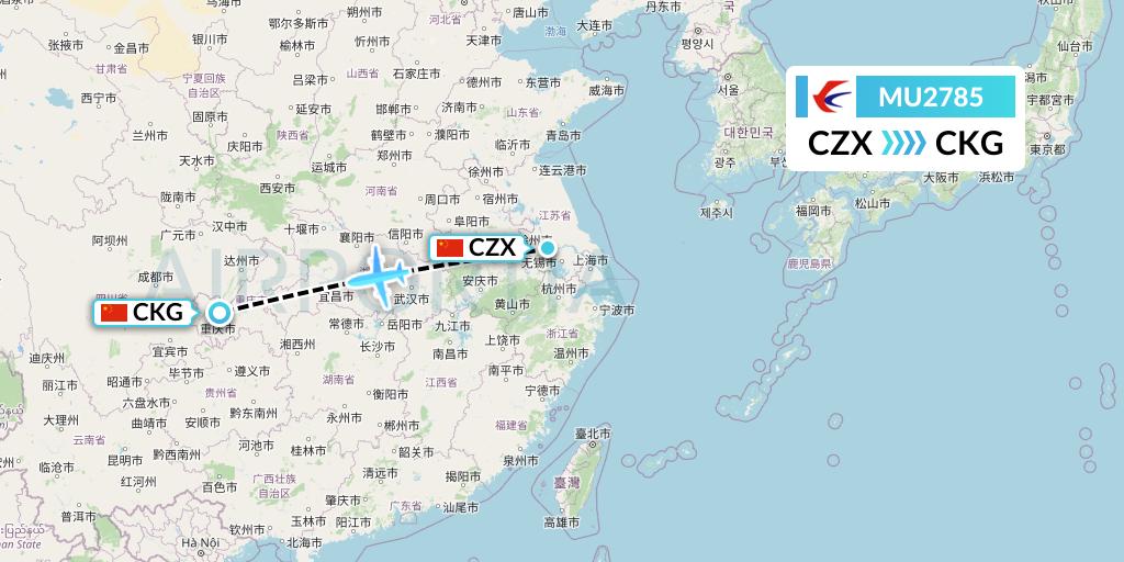 MU2785 China Eastern Airlines Flight Map: Changzhou to Chongqing