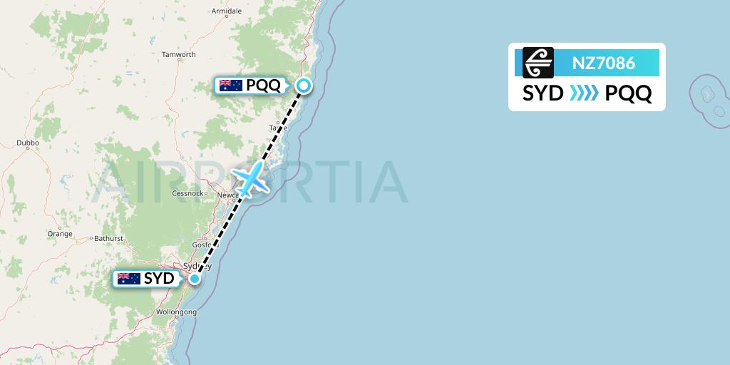 NZ7086 Air New Zealand Flight Map: Sydney to Port Macquarie
