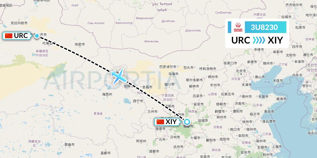 3U8230 Sichuan Airlines Flight Map: Urumqi to Xi'an