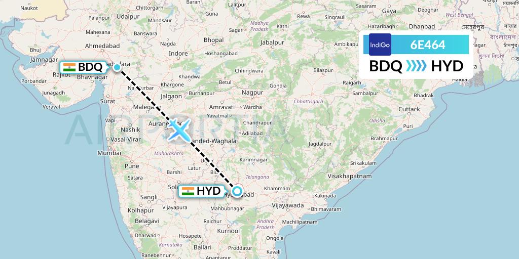 6E464 IndiGo Airlines Flight Map: Vadodara to Hyderabad